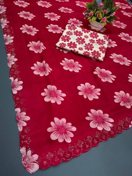 Chinon Floral Print Saree with Swarovski Diamond Border   Printed Blouse Piece Daily Deals