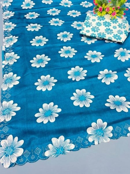Chinon Floral Print Saree with Swarovski Diamond Border   Printed Blouse Piece Daily Deals
