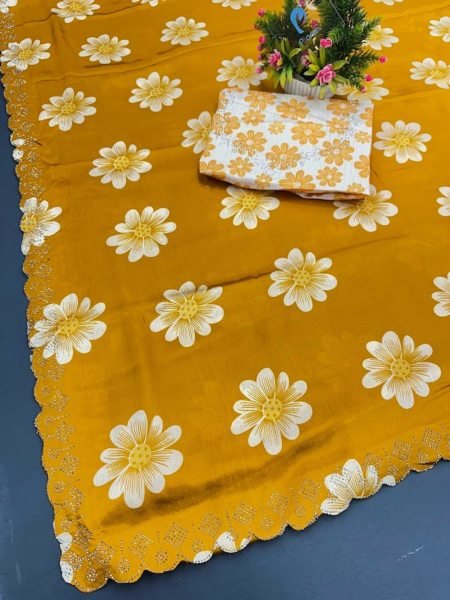 Chinon Floral Print Saree with Swarovski Diamond Border   Printed Blouse Piece Daily Deals