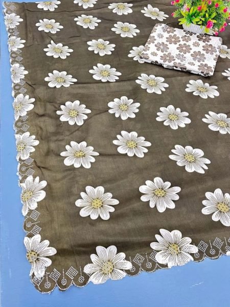 Chinon Floral Print Saree with Swarovski Diamond Border   Printed Blouse Piece Daily Deals