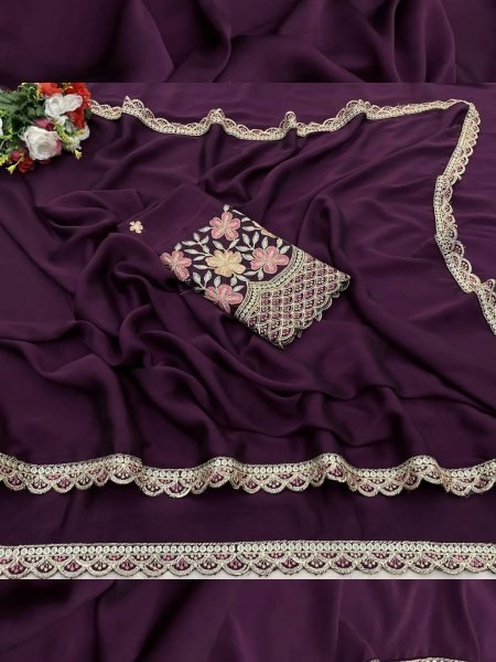 Chinon Saree with Decorative Embroidered Border And Blouse Daily Deals