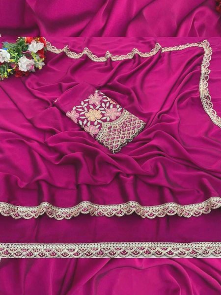 Chinon Saree with Decorative Embroidered Border And Blouse Daily Deals