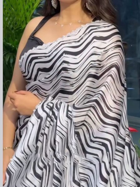 Chinon Silk Printed Saree with  Swarovski Stone Border Printed Sarees