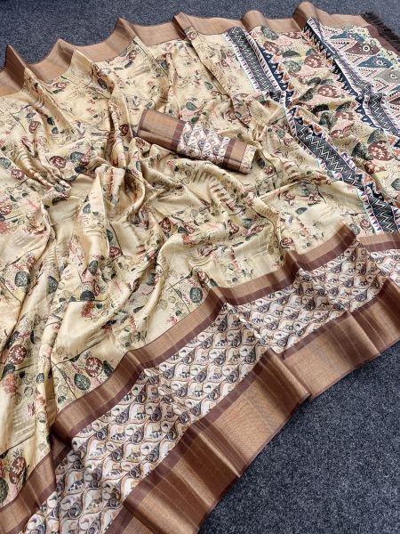 Cream Cotton Silk Handloom Printed Saree with Tassel Border Pallu Sale
