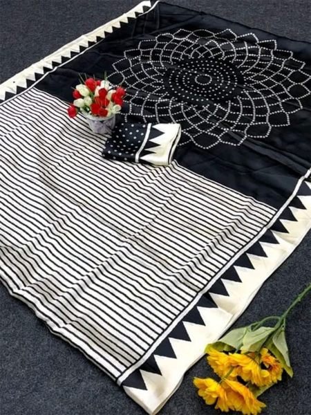 Geometric Stripes Crepe Silk Traditional Print Saree Printed Sarees