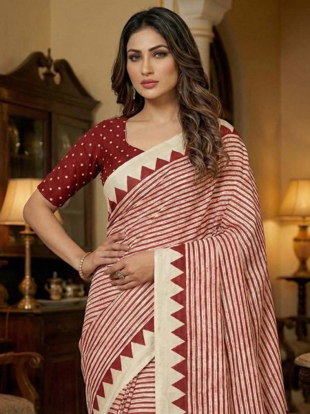 Crepe Silk Saree with Contemporary Geometric Stripes   Traditional Print Printed Sarees