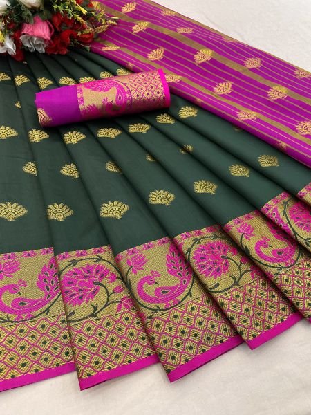 Dark Green Banarasi Cotton Silk Saree with Jacquard Zari Weaving Sale