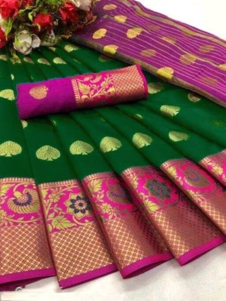 Dark Green Cotton Silk Banarasi Saree with Zari Woven Jacquard for Festive Wear Sale