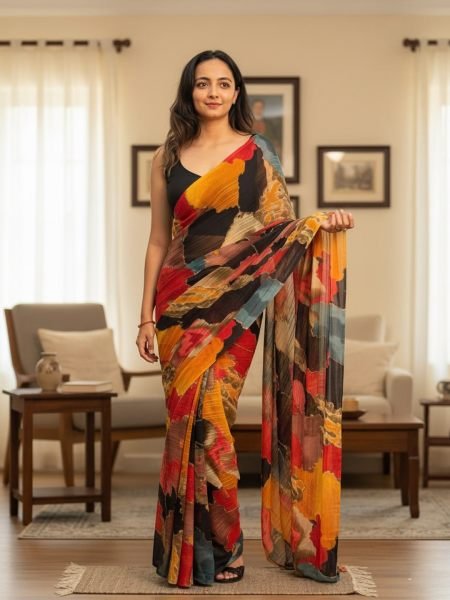 Designer Chiffon Printed Saree in Multicolor Shades Designer Sarees