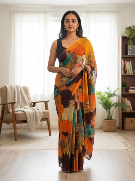 Designer Chiffon Printed Saree in Multicolor Shades Designer Sarees