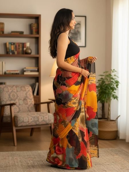 Designer Chiffon Printed Saree in Multicolor Shades Designer Sarees