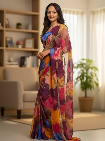 Designer Chiffon Printed Saree in Multicolor Shades Designer Sarees