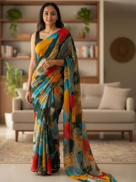 Designer Chiffon Printed Saree in Multicolor Shades Designer Sarees