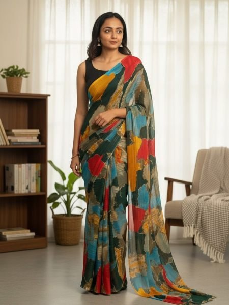 Designer Chiffon Printed Saree in Multicolor Shades Designer Sarees