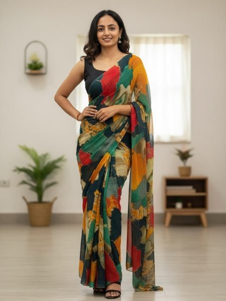 Designer Chiffon Printed Saree in Multicolor Shades Designer Sarees