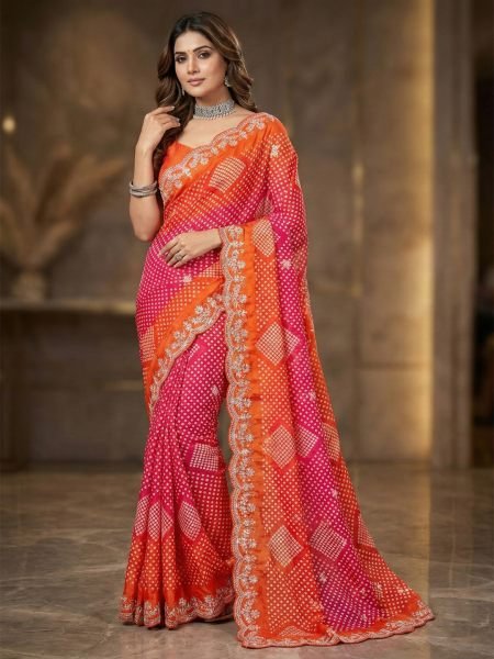 Dual Tone Chiffon Saree with Traditional Bandhani and Zari Work Daily Deals