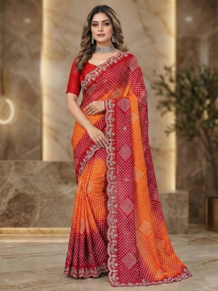 Dual Tone Chiffon Saree with Traditional Bandhani and Zari Work Daily Deals