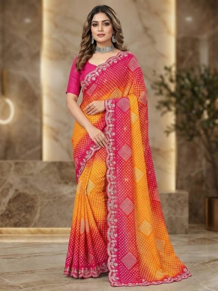 Dual Tone Chiffon Saree with Traditional Bandhani and Zari Work Daily Deals