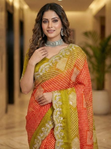 Dual Tone Chiffon Saree with Traditional Bandhani and Zari Work Embroidered Sarees