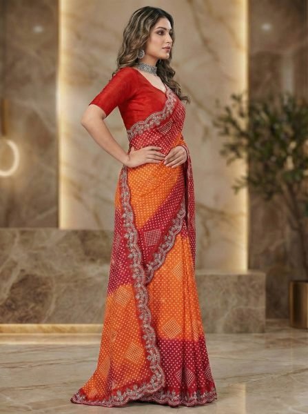 Dual Tone Chiffon Saree with Traditional Bandhani and Zari Work Embroidered Sarees