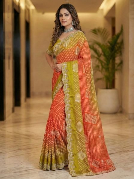 Dual Tone Chiffon Saree with Traditional Bandhani and Zari Work Embroidered Sarees