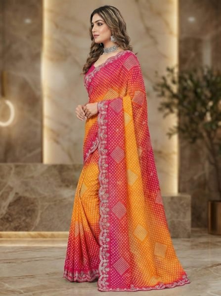 Dual Tone Chiffon Saree with Traditional Bandhani and Zari Work Embroidered Sarees