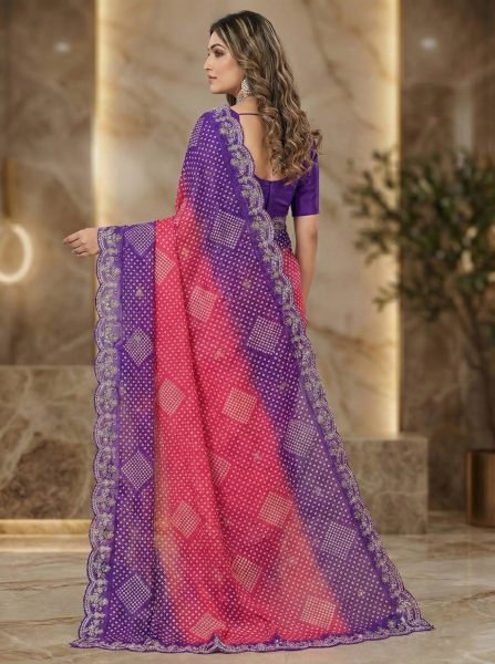 Dual Tone Chiffon Saree with Traditional Bandhani and Zari Work Embroidered Sarees