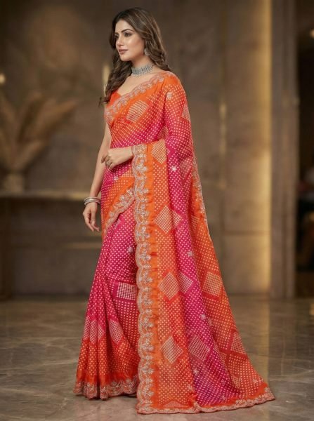 Dual Tone Chiffon Saree with Traditional Bandhani and Zari Work Embroidered Sarees