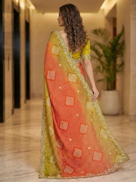 Dual Tone Chiffon Saree with Traditional Bandhani and Zari Work Embroidered Sarees