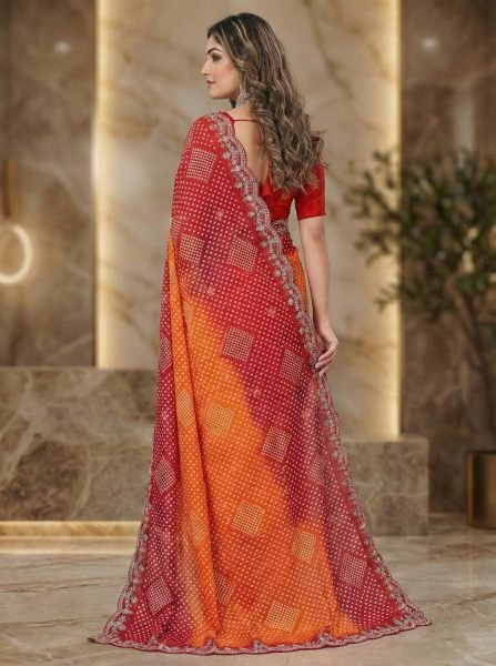 Dual Tone Chiffon Saree with Traditional Bandhani and Zari Work Embroidered Sarees
