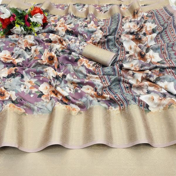 Dusty Moss Chiffon Digital Print Saree with Jacquard Zari Border Sale
