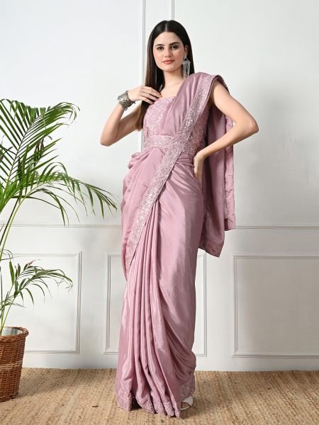 Dusty Pink Chic Party Wear A Modern Chinon Solid Saree with an Embroidered Lace Border Sale