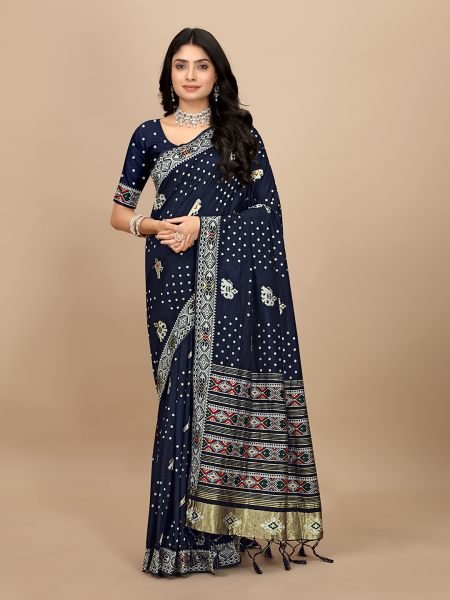 Elegance Redefined Patola Print Navy Blue Cotton Silk Saree with Tassel Border Pallu Patola Sarees