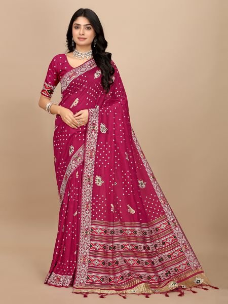 Elegance Redefined Patola Print Rani Pink Cotton Silk Saree with Tassel Border Pallu Patola Sarees