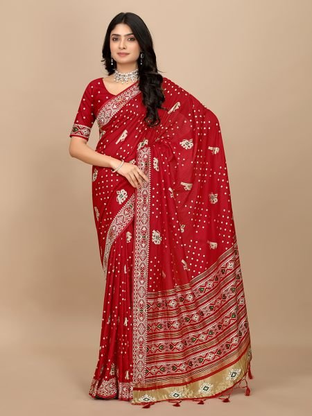 Elegance Redefined Patola Print Red Cotton Silk Saree with Tassel Border Pallu Sale