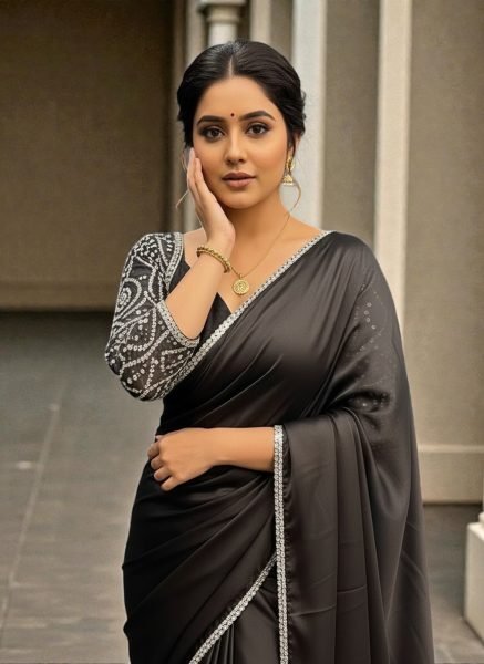 Elegant Black Rangoli Silk Saree with Mirror Lace Border and Designer Foil Print Blouse Party Wear Saree