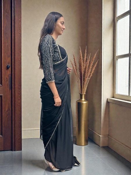 Elegant Black Rangoli Silk Saree with Mirror Lace Border and Designer Foil Print Blouse Party Wear Saree