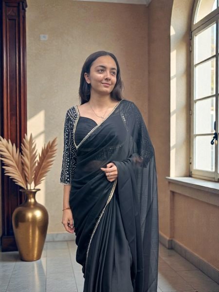 Elegant Black Rangoli Silk Saree with Mirror Lace Border and Designer Foil Print Blouse Party Wear Saree
