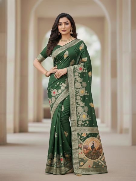 Elegant Bottle Green Dola Silk Saree with Traditional Zari Woven Peacock Pallu   Latkans Saree