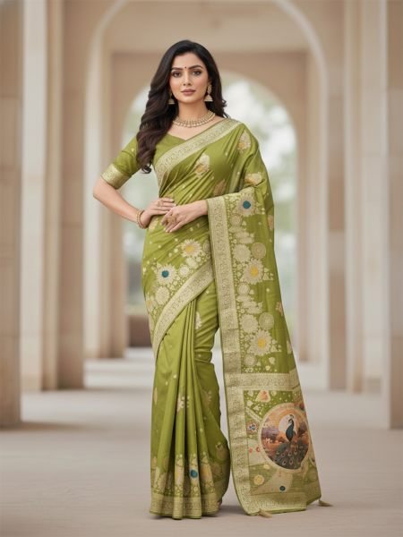 Elegant Bottle Green Dola Silk Saree with Traditional Zari Woven Peacock Pallu   Latkans Daily Deals