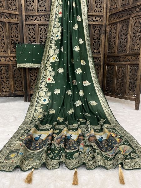 Elegant Bottle Green Dola Silk Saree with Traditional Zari Woven Peacock Pallu   Latkans Saree