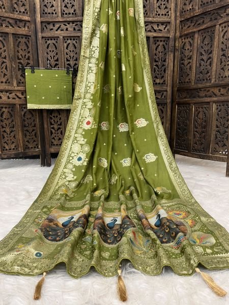 Elegant Bottle Green Dola Silk Saree with Traditional Zari Woven Peacock Pallu   Latkans Daily Deals