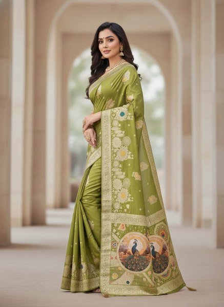 Elegant Bottle Green Dola Silk Saree with Traditional Zari Woven Peacock Pallu   Latkans Silk Sarees