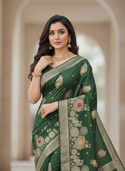 Elegant Bottle Green Dola Silk Saree with Traditional Zari Woven Peacock Pallu   Latkans Silk Sarees