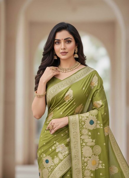 Elegant Bottle Green Dola Silk Saree with Traditional Zari Woven Peacock Pallu   Latkans Silk Sarees