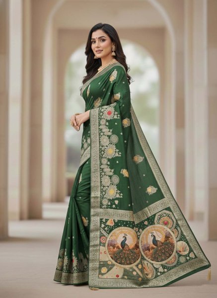 Elegant Bottle Green Dola Silk Saree with Traditional Zari Woven Peacock Pallu   Latkans Silk Sarees