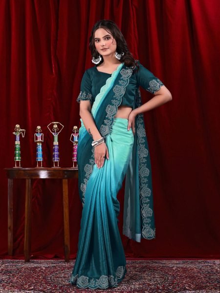 Elegant Chinon Shaded Saree with Siroski Diamond Work   Unstitched Blouse Daily Deals