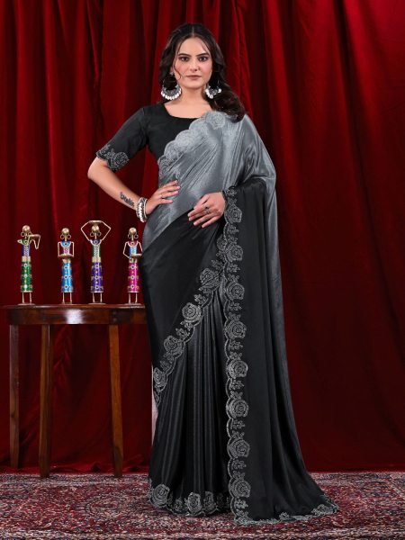 Elegant Chinon Shaded Saree with Siroski Diamond Work   Unstitched Blouse Daily Deals