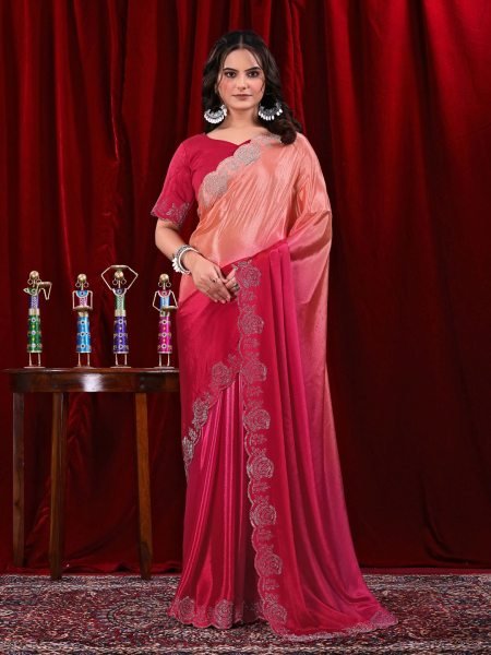 Elegant Chinon Shaded Saree with Siroski Diamond Work   Unstitched Blouse Designer Sarees