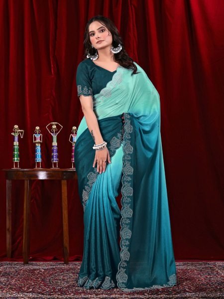 Elegant Chinon Shaded Saree with Siroski Diamond Work   Unstitched Blouse Designer Sarees